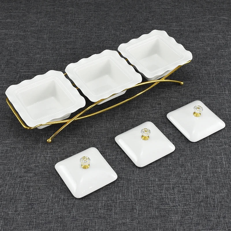 3 Pieces Luxury marble ceramics serving dish food snack serving tray with lid