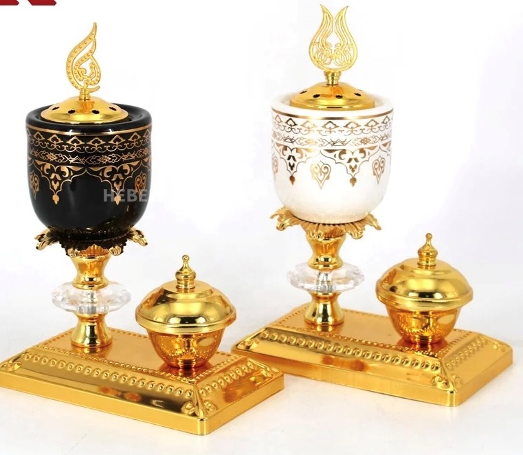 Metal Plating Ceramic Censer with Aromatherapy Container Plate Base Arabic Incense Burner